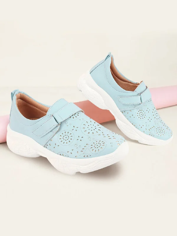 Black Friday - Style Deals All Week Long Women Sky Blue Laser Cut Design Stitched Back Open Hook & Loop Buckle Mules Shoes Black Friday - Style Deals All Week Long Women Sky Blue Laser Cut Design Stitched Back Open Hook & Loop Buckle Mules Shoes