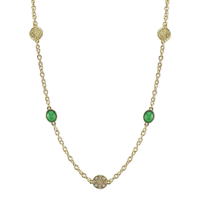 Shop Comfortably at Home Luxury Necklace 2028 Jewelry Green Cabochon Stone & Round Filigree Flowers Strand Necklace 42"
