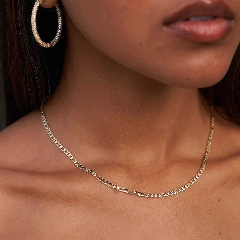New Arrivals Rose Gold Ring Micro Figaro Link Necklace in Yellow Gold