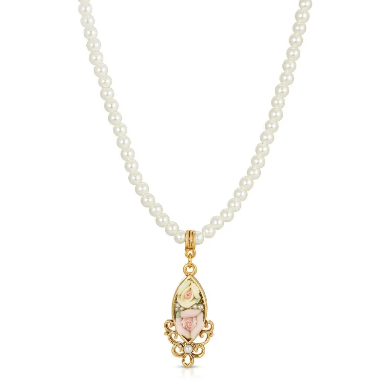 Exclusive Members - Only Sale Beautiful Jewelry 1928 Jewelry Pink and Yellow Porcelain Rose 4mm Faux Pearl Strand Drop Necklace 15" + 3" Extender Exclusive Members - Only Sale Beautiful Jewelry 1928 Jewelry Pink and Yellow Porcelain Rose 4mm Faux Pearl Strand Drop Necklace 15" + 3" Extender