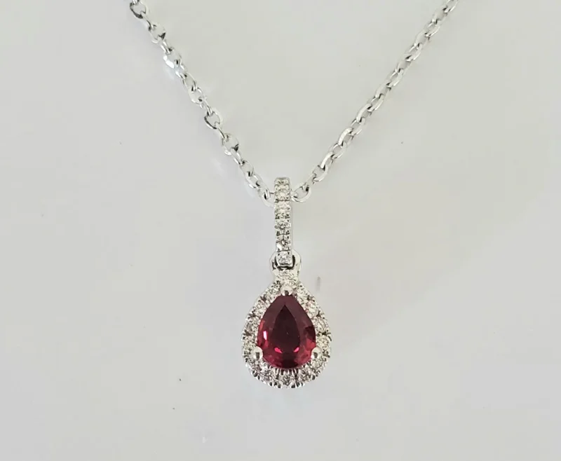 Clearance Sale Gemstone Jewelry 14kt White Gold Pear Shaped Ruby and Diamond Pendant Clearance Sale Gemstone Jewelry 14kt White Gold Pear Shaped Ruby and Diamond Pendant