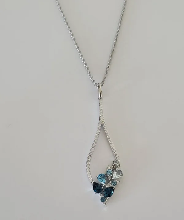 Shop Comfortably at Home Layered Necklace 14kt White Gold Shades of Blue Pendant