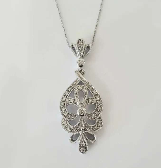 New Arrivals Beaded Necklace 14kt White Gold Vintage Inspired Diamond Pendant