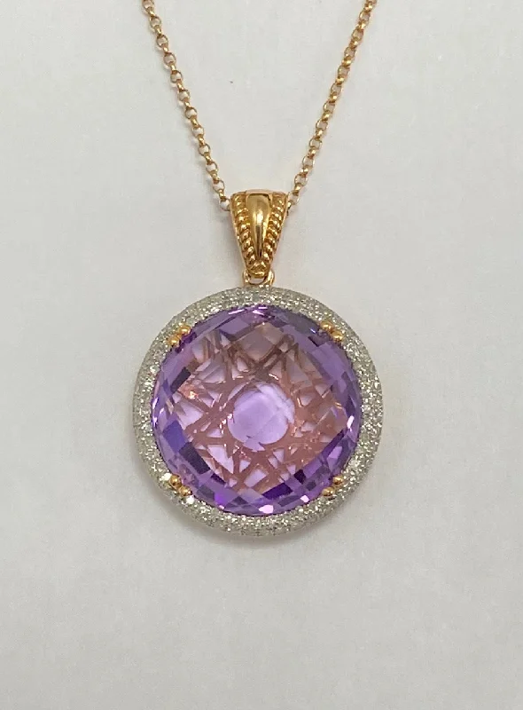 Buy More, Save More Unique Jewelry 14kt Yellow Gold Amethyst and Diamond Halo Pendant Buy More, Save More Unique Jewelry 14kt Yellow Gold Amethyst and Diamond Halo Pendant