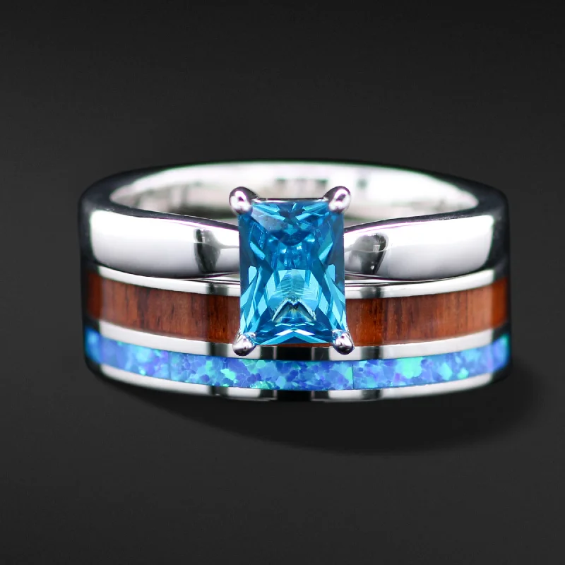 New Arrivals Cuff Bracelet 2 pc Opal Wedding Ring Set Koa Wood Wedding Band