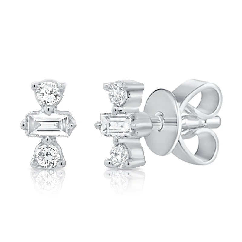 Clearance Sale, Steal Great Bargains Handmade Chain 14K White Gold Round+Baguette Diamond Stud Earrings Clearance Sale, Steal Great Bargains Handmade Chain 14K White Gold Round+Baguette Diamond Stud Earrings