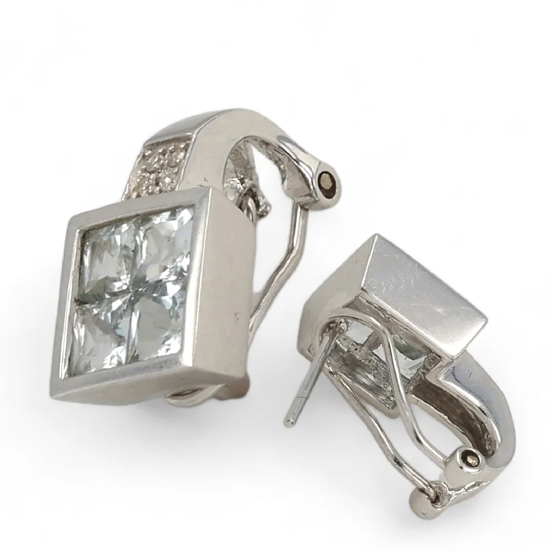 Black Friday - Style Deals All Week Long Silver Hoop Earrings 14K White gold solid natural aquamarine and diamonds square omega lock studs-12242 Black Friday - Style Deals All Week Long Silver Hoop Earrings 14K White gold solid natural aquamarine and diamonds square omega lock studs-12242