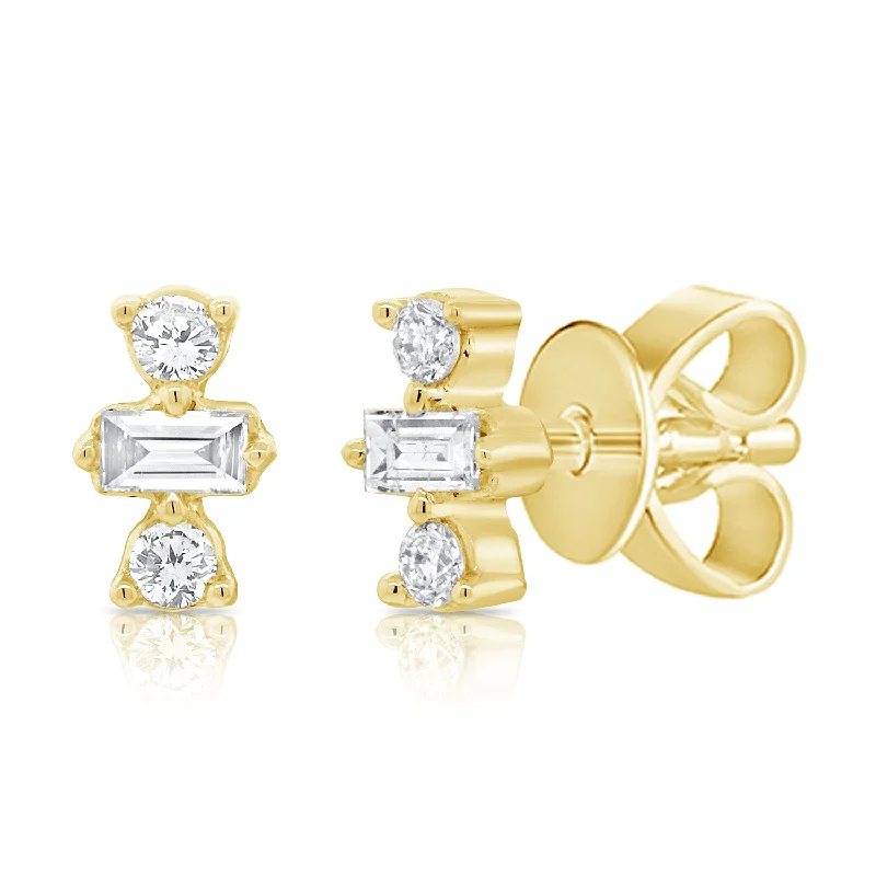 Flash Sale Elegant Chain 14K Yellow Gold Round+Baguette Diamond Stud Earrings