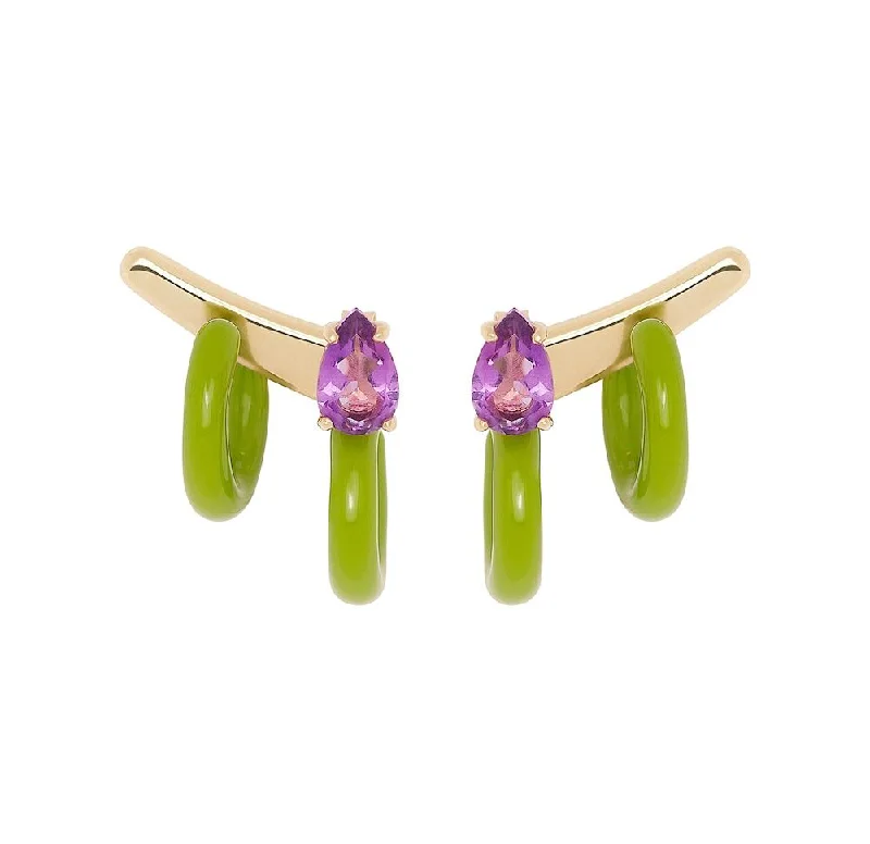 Exclusive Members - Only Sale Double Loop 9K Gold Hoops w. Amethyst