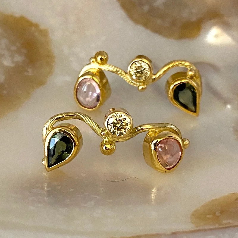 Flash Sale Seafire 18K & 22K Gold Earring w. Diamond & Pink & Green Sapphire
