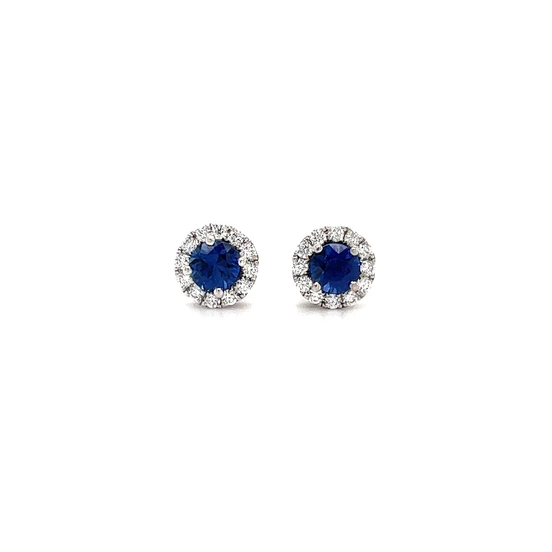 Clearance Sale, Steal Great Bargains Blue Sapphire Stud Earrings with Diamond Halo in 14K White Gold Clearance Sale, Steal Great Bargains Blue Sapphire Stud Earrings with Diamond Halo in 14K White Gold