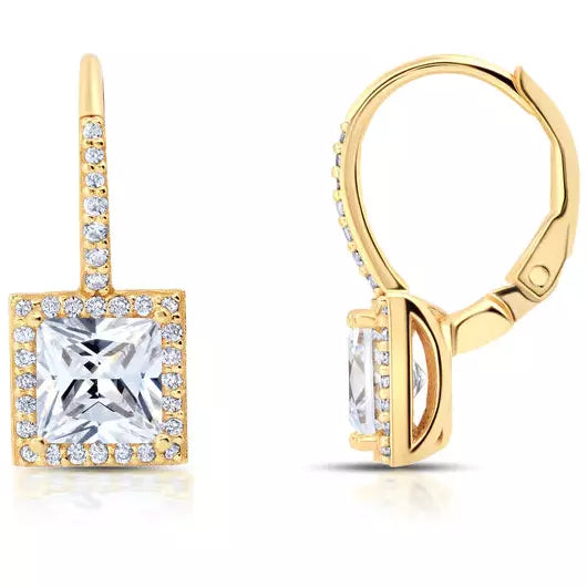 Shop Comfortably at Home Birthstone Jewelry CRISLU Square Cut Halo Leverback Earrings Finished in 18kt Yellow Gold Shop Comfortably at Home Birthstone Jewelry CRISLU Square Cut Halo Leverback Earrings Finished in 18kt Yellow Gold