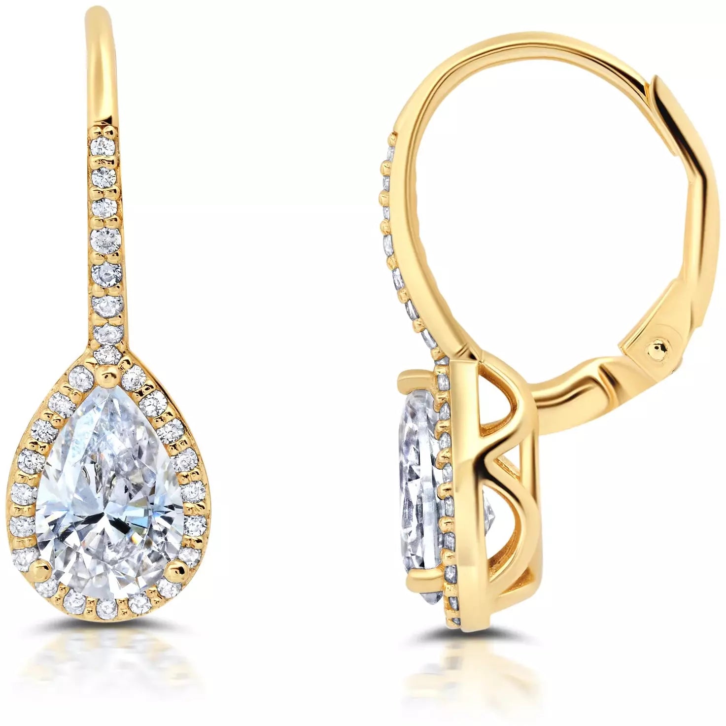 Flash Sale Designer Jewelry CRISLU Pear Cut Halo Leverback Earrings Finished in 18kt Yellow Gold Flash Sale Designer Jewelry CRISLU Pear Cut Halo Leverback Earrings Finished in 18kt Yellow Gold