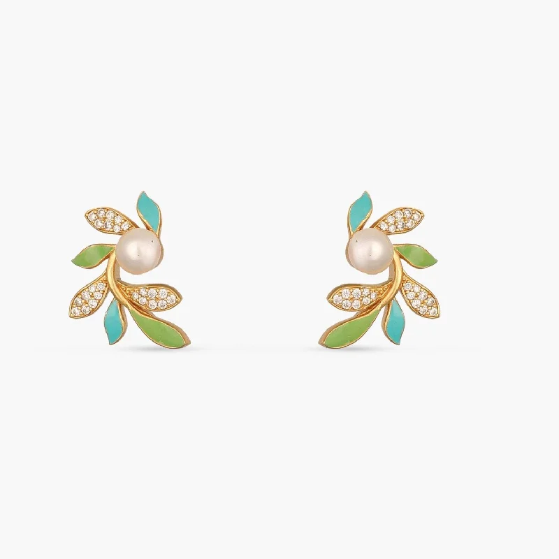 Flash Sale White Gold Necklace Eriha Pearl CZ Green Leaf Stud Earrings