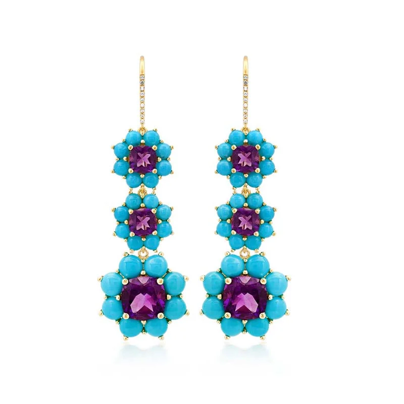 Big Savings, Big Smiles Tourmaline Necklace Graduated Statement Turquoise and Amethyst Flower Earrings