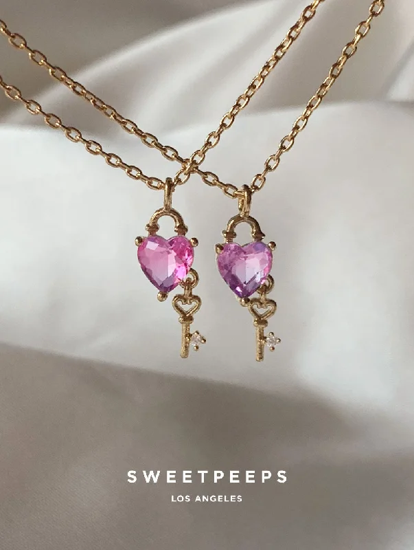 Limited Time, Unlimited Deals Square Cut Ring Key To My Heart Pink Necklace