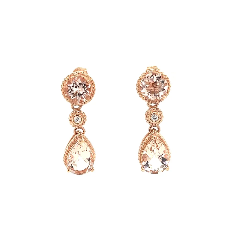 Flash Sale, Grab the Deals Fast Morganite Dangle Earrings with Round Diamonds in 14K Rose Gold Flash Sale, Grab the Deals Fast Morganite Dangle Earrings with Round Diamonds in 14K Rose Gold