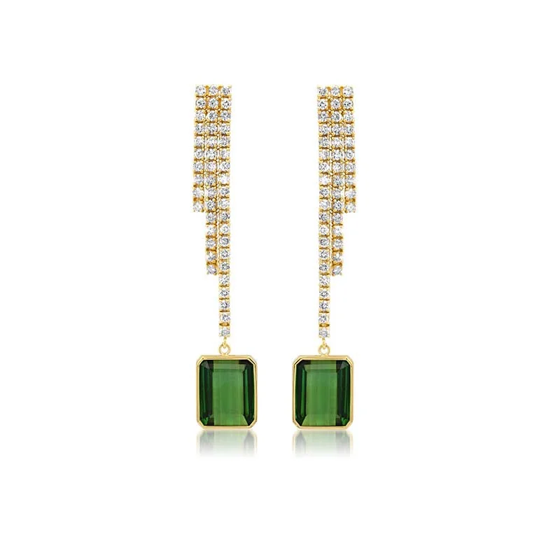 Clearance Sale, Steal Great Bargains Beautiful Jewelry One-of-a-Kind Cascading 4-Prong Diamond Tennis Studs with Emerald-Cut Green Tourmaline Accent