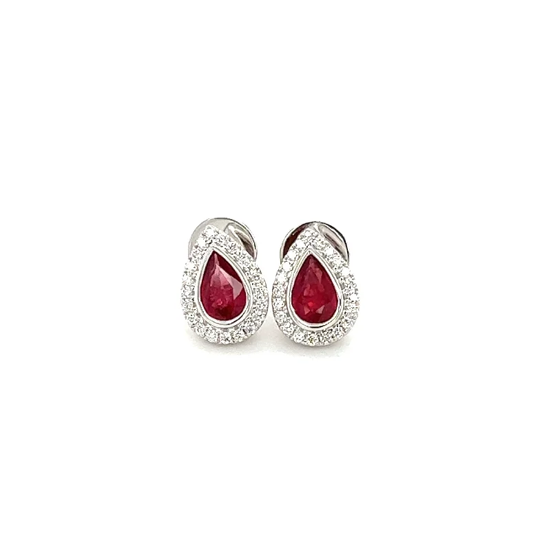 Limited - Time Offer Pear Ruby Stud Earrings with Diamond Halo in 18K White Gold