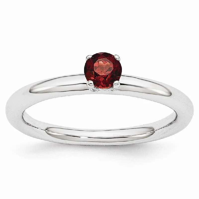 Big Savings, Big Smiles Bold Jewelry Rhodium Plated Sterling Silver Stackable 4mm Round Garnet Ring Big Savings, Big Smiles Bold Jewelry Rhodium Plated Sterling Silver Stackable 4mm Round Garnet Ring