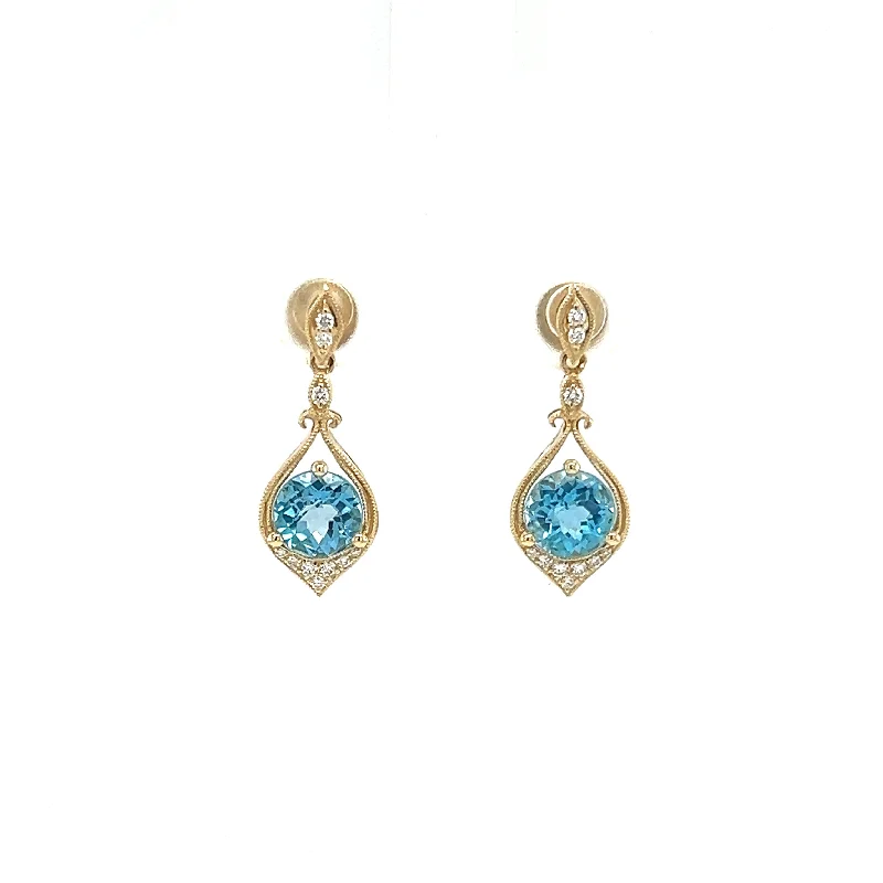 Clearance Sale Round Blue Topaz Drop Earrings with Twenty Diamonds in 14K Yellow Gold