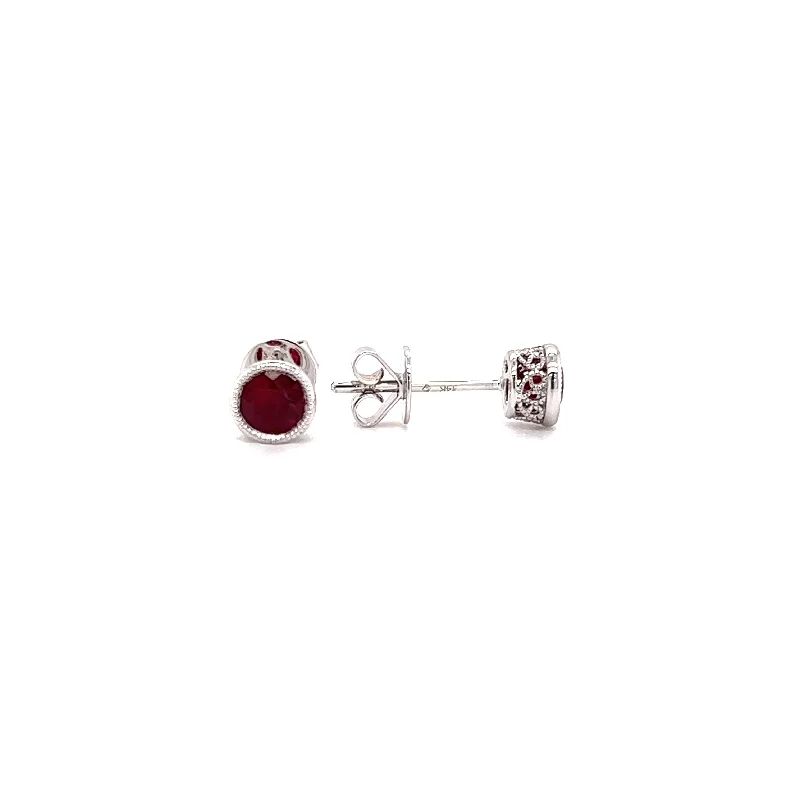 Flash Sale, Grab the Deals Fast Round Ruby Stud Earrings with Filigree and Milgrain Details in 14K White Gold Flash Sale, Grab the Deals Fast Round Ruby Stud Earrings with Filigree and Milgrain Details in 14K White Gold
