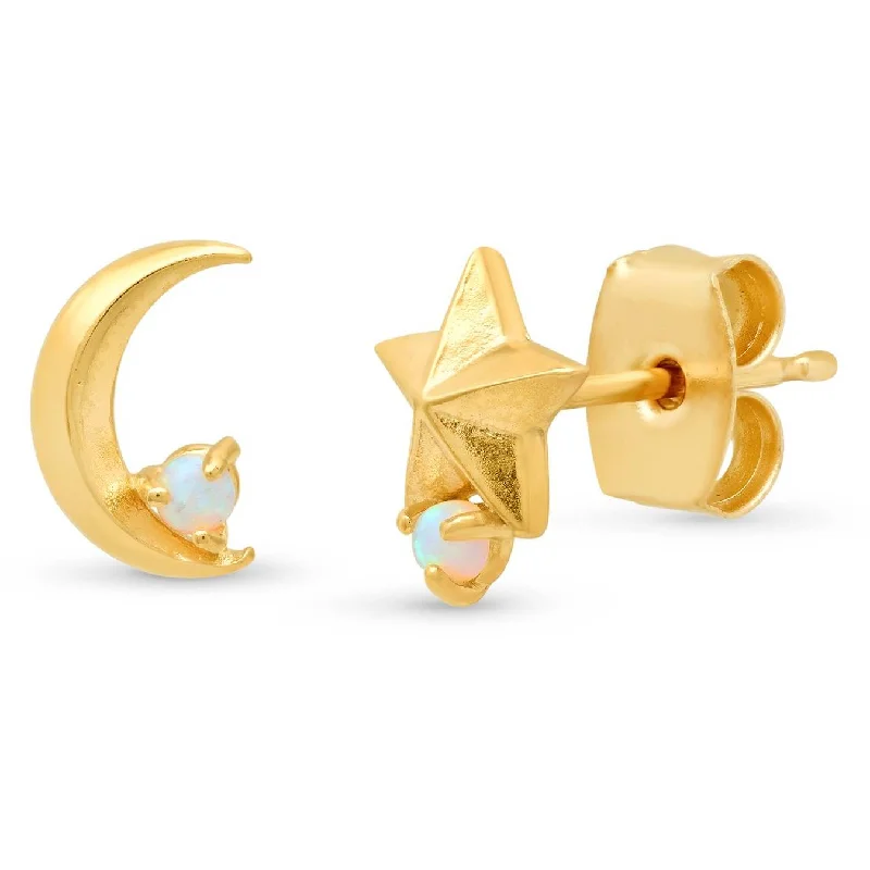 Be the First to Rock the Latest Trends Statement Earrings TAI Gold Mismatched Star and Moon Studs Be the First to Rock the Latest Trends Statement Earrings TAI Gold Mismatched Star and Moon Studs