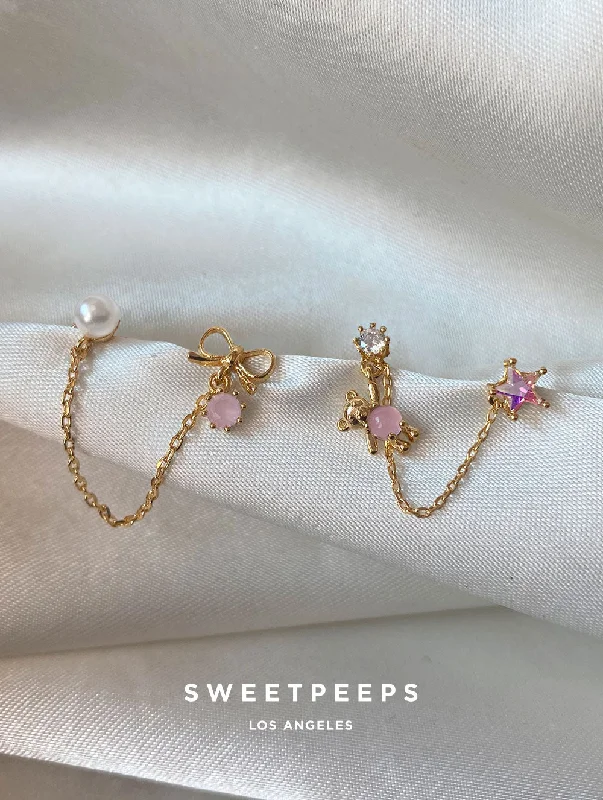 Shop Comfortably at Home Opal Ring Teddy Bear Meets Bow Star Chain Set