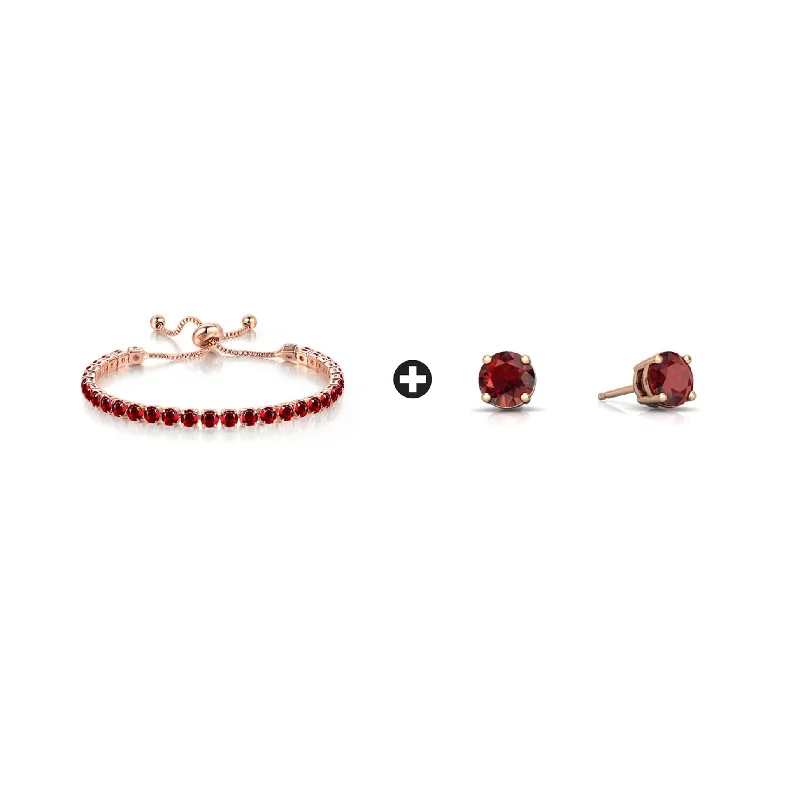 Clearance Sale, Steal Great Bargains Gemstone Earrings 10k Rose Gold 6 Cttw Created Garnet Round Adjustable Tennis Plated Bracelet and Earrings Set
