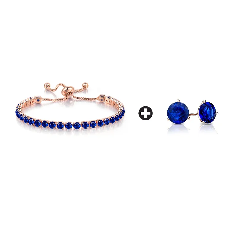 Limited - Edition Collections Now on Sale Handmade Jewelry 10k Rose Gold 7 Cttw Created Blue Sapphire Round Adjustable Tennis Plated Bracelet and Earrings Set