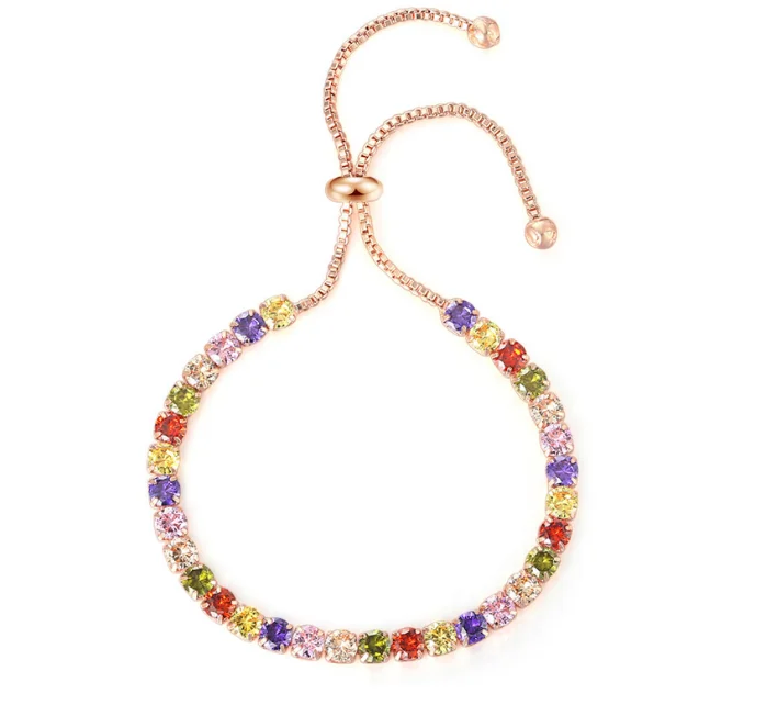 Season - End Clearance Fashion Jewelry 10k Rose Gold 7 Cttw Created Multi Color Round Adjustable Tennis Plated Bracelet