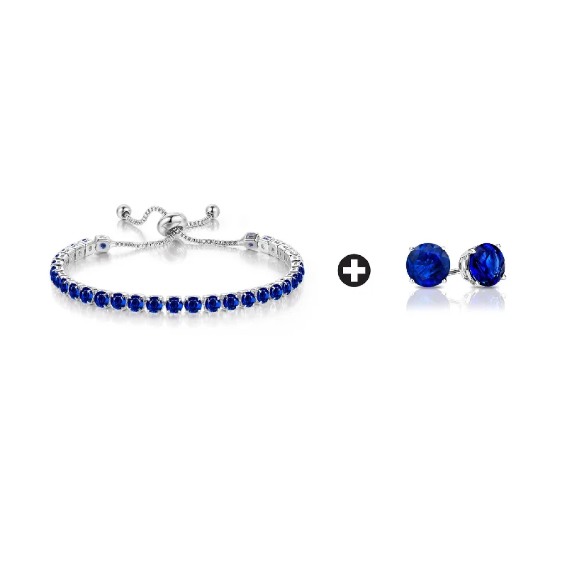 Limited - Time Offer Sun Pendant 10k White Gold 6 Cttw Created Blue Sapphire Round Adjustable Tennis Plated Bracelet and Earrings Set