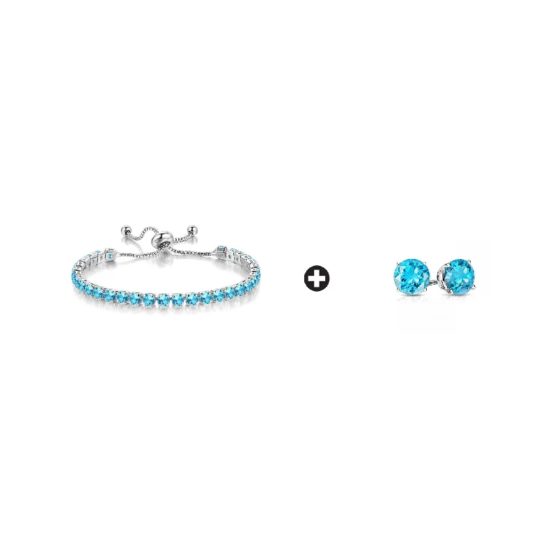 Buy More, Save More Round Cut Ring 10k White Gold 6 Cttw Created Blue Topaz Round Adjustable Tennis Plated Bracelet and Earrings Set