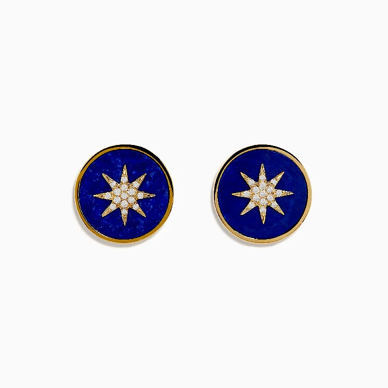 Season - End Clearance Huggie Earrings 14K Yellow Gold Lapis and Diamond Star Compass Earrings Season - End Clearance Huggie Earrings 14K Yellow Gold Lapis and Diamond Star Compass Earrings