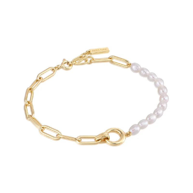 Big Savings, Big Smiles Sterling Silver 14K Yellow Gold Plated Paperclip Chain & Pearl Strand Bracelet by Ania Haie Big Savings, Big Smiles Sterling Silver 14K Yellow Gold Plated Paperclip Chain & Pearl Strand Bracelet by Ania Haie