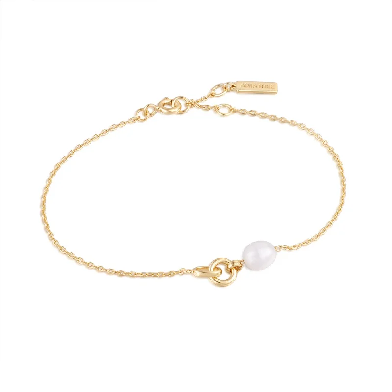 Season - End Clearance Sapphire Ring 14K Yellow Gold Plated Pearl Interlocking Link Bracelet by Ania Haie Season - End Clearance Sapphire Ring 14K Yellow Gold Plated Pearl Interlocking Link Bracelet by Ania Haie