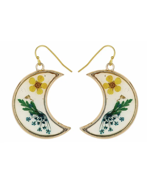 Season - End Clearance White Gold Ring Pressed Flower Crescent Moon Dangles