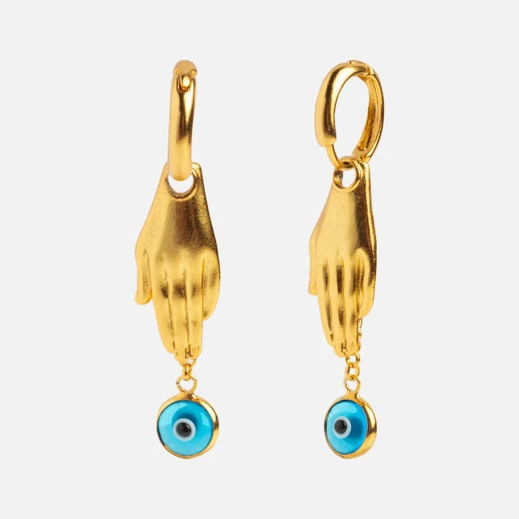Clearance Sale, Steal Great Bargains Unique Earrings Angelica Palm and Evil Eye Huggie Earrings Clearance Sale, Steal Great Bargains Unique Earrings Angelica Palm and Evil Eye Huggie Earrings