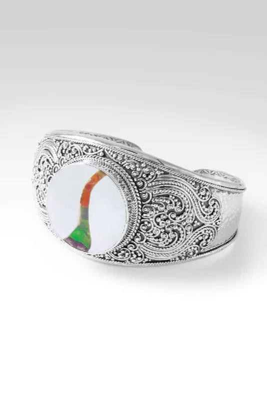 Limited - Edition Collections Now on Sale Celestial Jewelry Be the Light Locket Cuff™ In White Mother of Pearl with Ammolite Inlay Doublet Limited - Edition Collections Now on Sale Celestial Jewelry Be the Light Locket Cuff™ In White Mother of Pearl with Ammolite Inlay Doublet