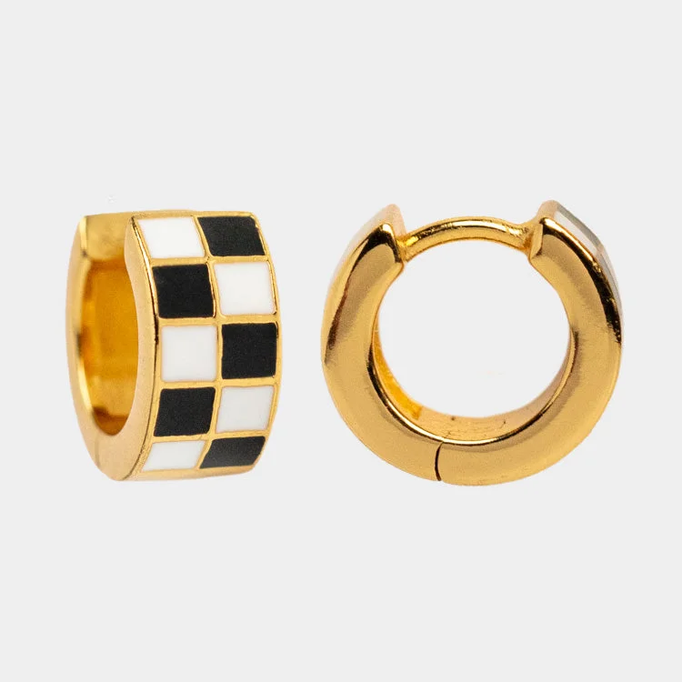 Don't Miss Your Chance Diamond Studs Checkered Huggie Earrings