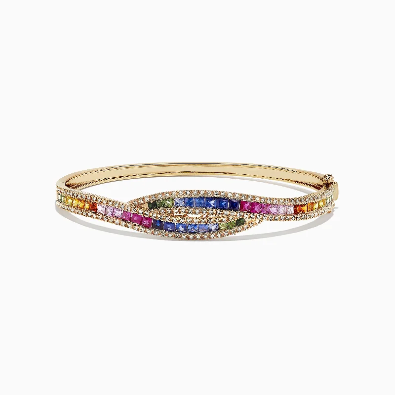 Massive Clearance Sale Cuff Bracelet Watercolors 14K Gold Multi Sapphire and Diamond Bangle, 4.17 TCW