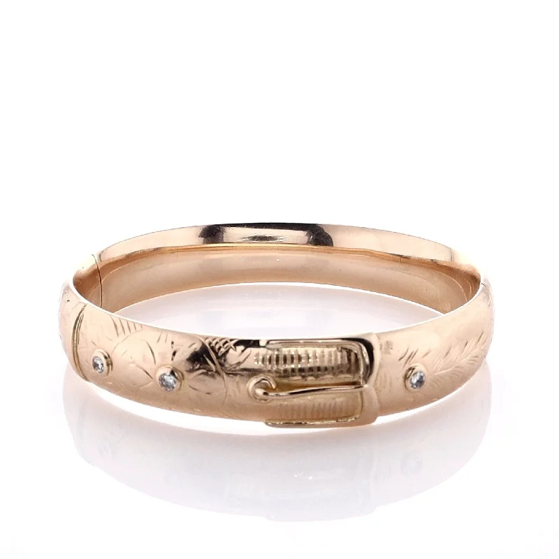 Shop Now, Save Big Bucks Zirconia Ring Estate 14k Yellow Gold Engraved Buckle Design Diamond Hinged Bangle Bracelet Shop Now, Save Big Bucks Zirconia Ring Estate 14k Yellow Gold Engraved Buckle Design Diamond Hinged Bangle Bracelet