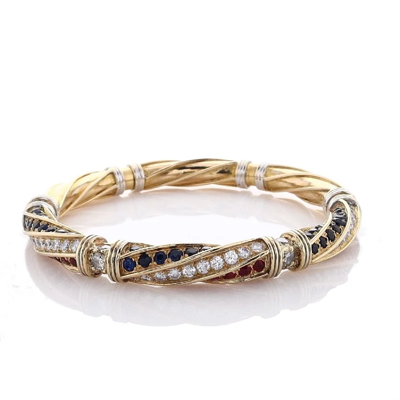 Shop Comfortably at Home Bridal Earrings Estate 18k Two Tone Sapphires Rubies and Diamonds Bangle Bracelet Shop Comfortably at Home Bridal Earrings Estate 18k Two Tone Sapphires Rubies and Diamonds Bangle Bracelet