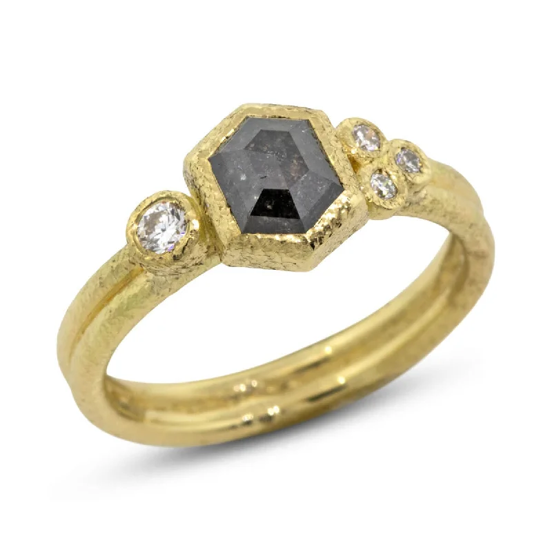 Be the First to Rock the Latest Trends Precious Jewelry Delicate Double Band with Elongated hexagonal salt and pepper diamond Be the First to Rock the Latest Trends Precious Jewelry Delicate Double Band with Elongated hexagonal salt and pepper diamond