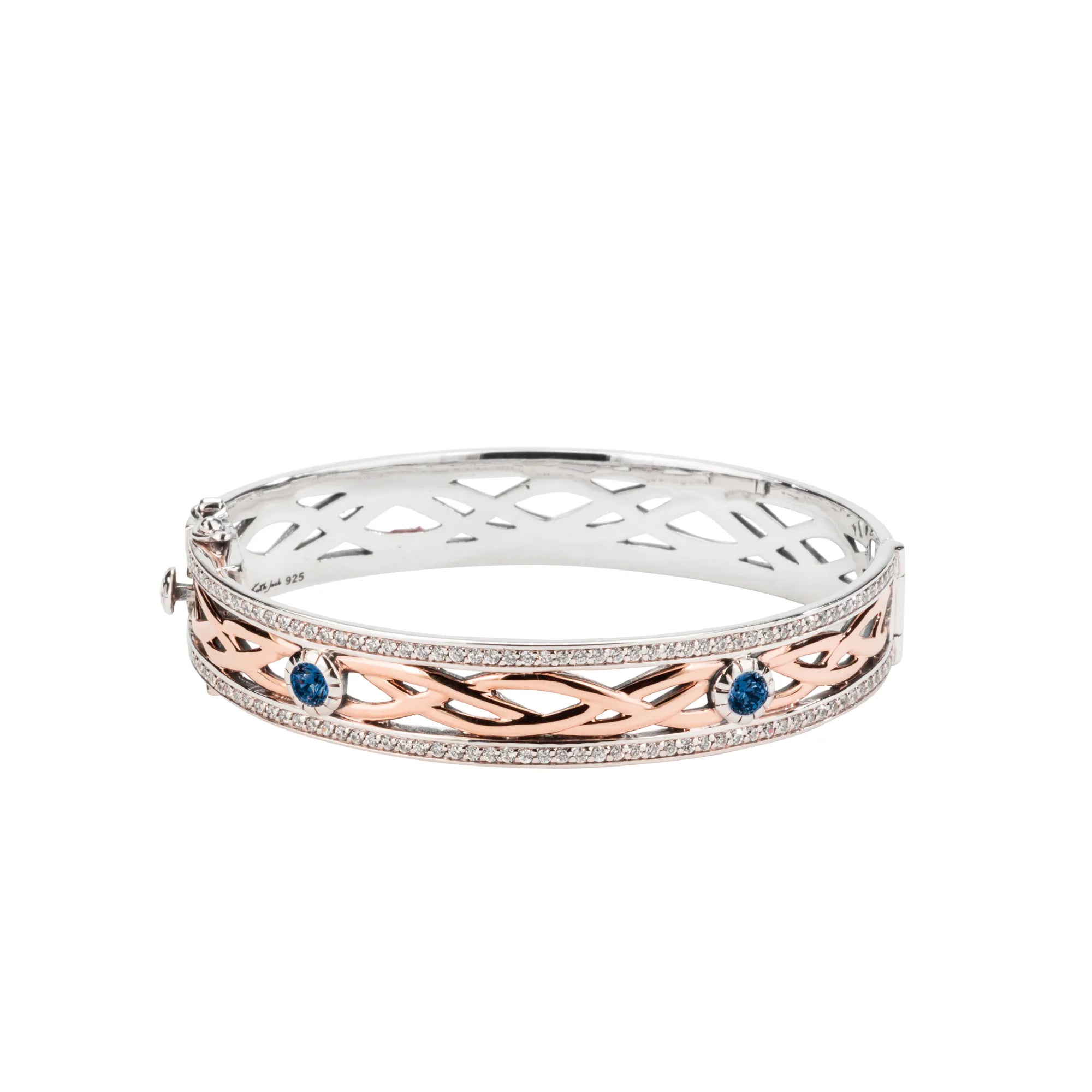 Clearance Sale Unique Jewelry Keith Jack Sterling Silver Oxidized + 10k Rose with White and Blue CZ Brave Heart Bangle Extra Large size Clearance Sale Unique Jewelry Keith Jack Sterling Silver Oxidized + 10k Rose with White and Blue CZ Brave Heart Bangle Extra Large size