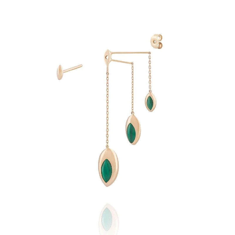 New Arrivals Stylish Earrings Swinging Triple Chain 18K Rosegold Earrings w. Malachite & Pearl
