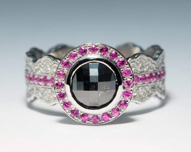 New Arrivals Vintage Earrings 14K White Gold Lace Engagement Ring with a Rose Cut Black Diamond and Pink Sapphires - Size 6.5 New Arrivals Vintage Earrings 14K White Gold Lace Engagement Ring with a Rose Cut Black Diamond and Pink Sapphires - Size 6.5