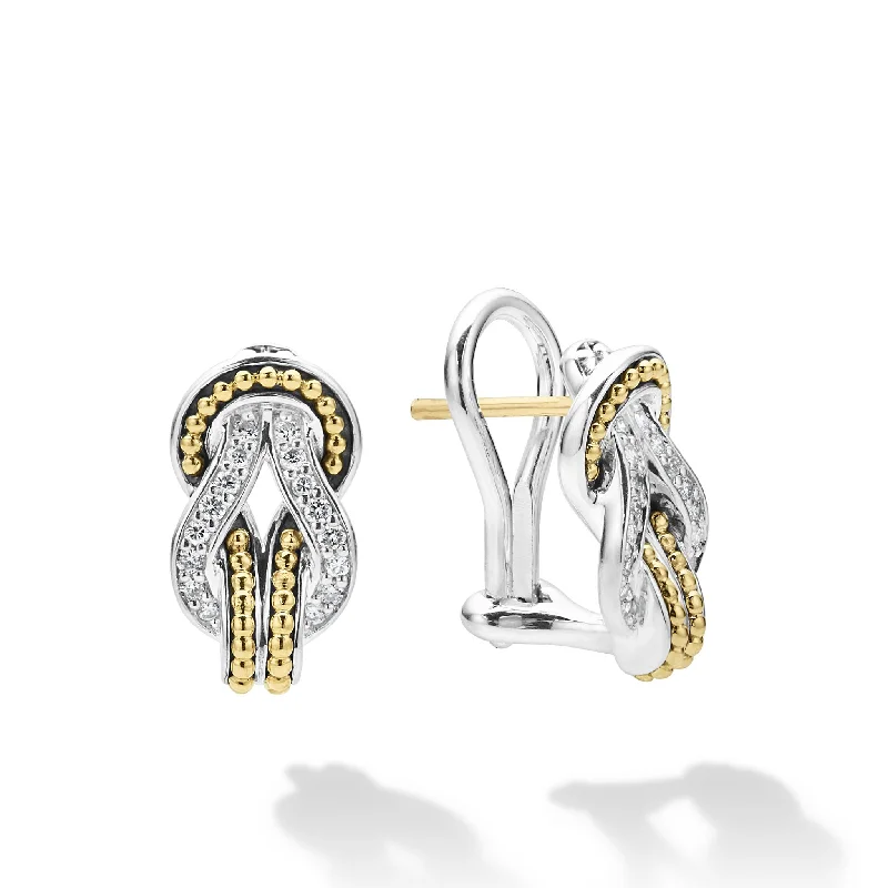 Shop Comfortably at Home Bold Fashion Jewelry Newport Two-Tone Knot Diamond Huggie Earrings Shop Comfortably at Home Bold Fashion Jewelry Newport Two-Tone Knot Diamond Huggie Earrings