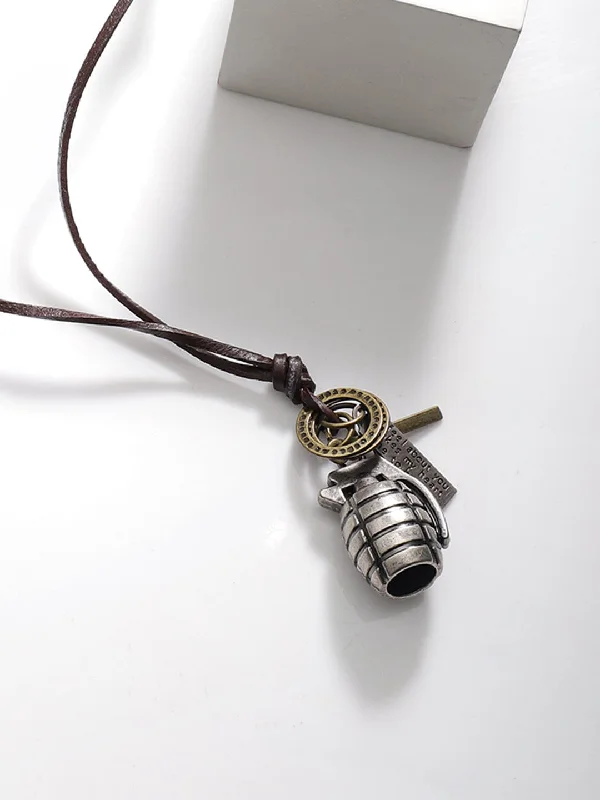 Clearance Sale, Steal Great Bargains Gold Chain Voguish Men Grenade Pendant With Brown Lather Adjustable Necklace. Clearance Sale, Steal Great Bargains Gold Chain Voguish Men Grenade Pendant With Brown Lather Adjustable Necklace.