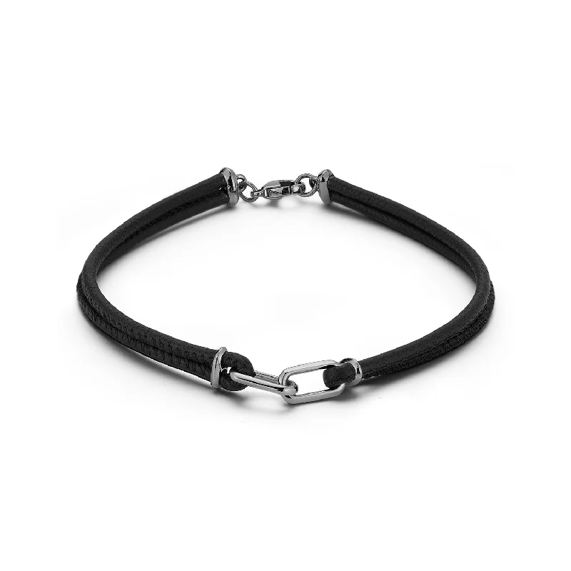 Flash Sale Custom Jewelry SAXON STERLING SILVER AND BLACK RHODIUM DOUBLE LINK NAPA LEATHER BRACELET Flash Sale Custom Jewelry SAXON STERLING SILVER AND BLACK RHODIUM DOUBLE LINK NAPA LEATHER BRACELET